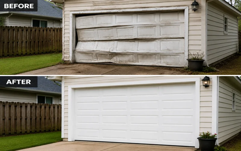 Hail damage garage door panel before after Madison MS — insurance claim handled same day